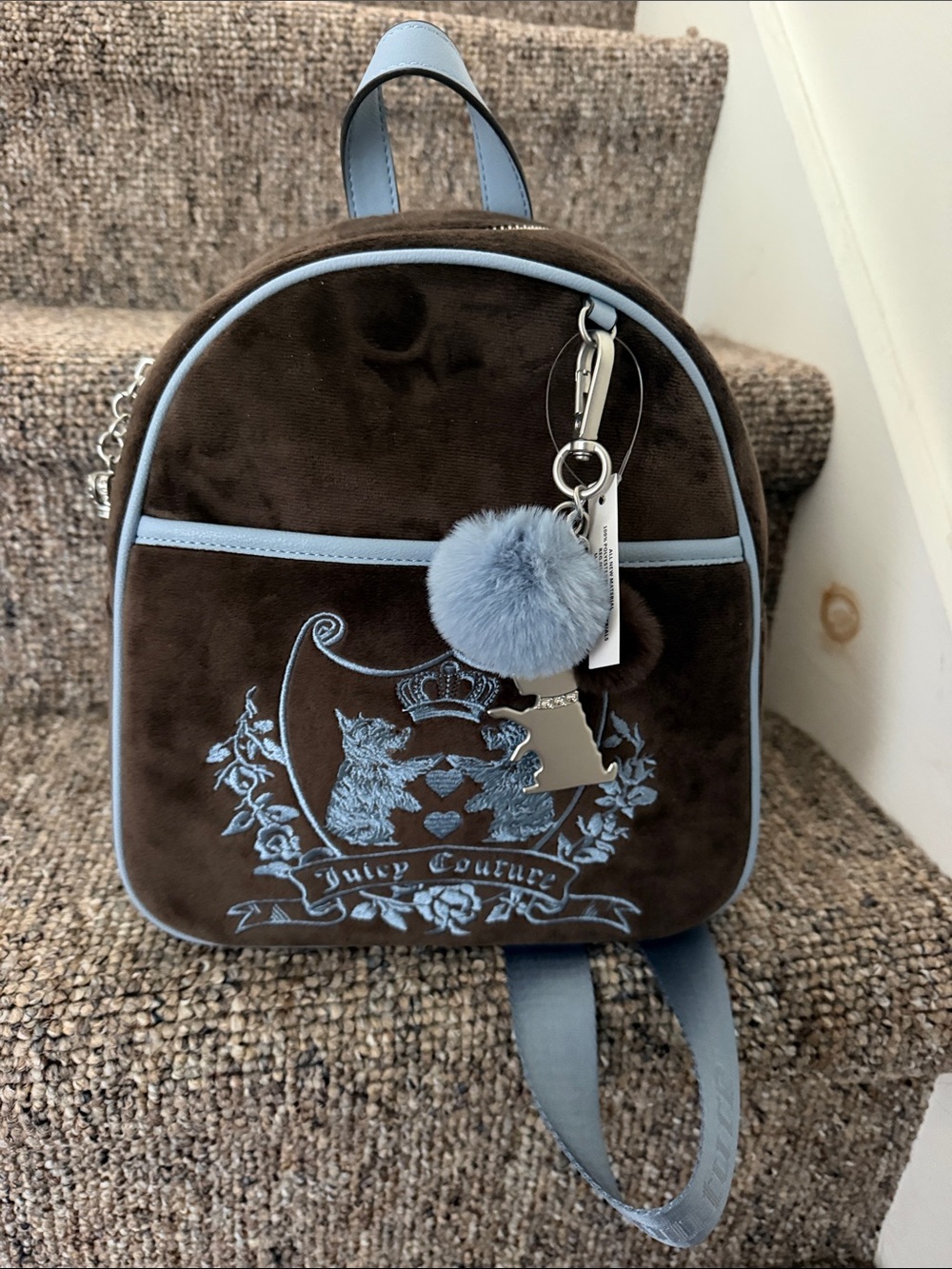 Juicy Couture Brown Velvet Mini Backpack with Light Blue Trim